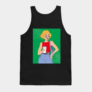 Cool girl with a coffee, green Tank Top